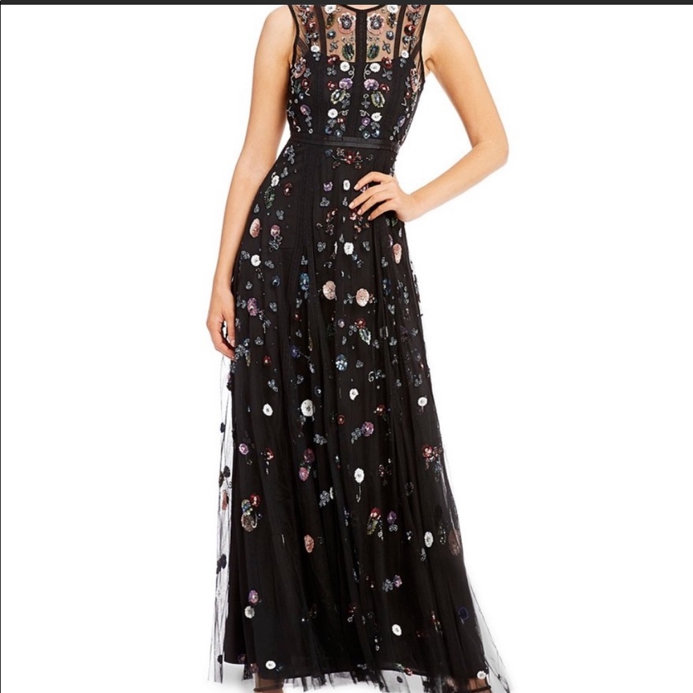 Chelsea and Violet Black Floral Beaded Formal Gown